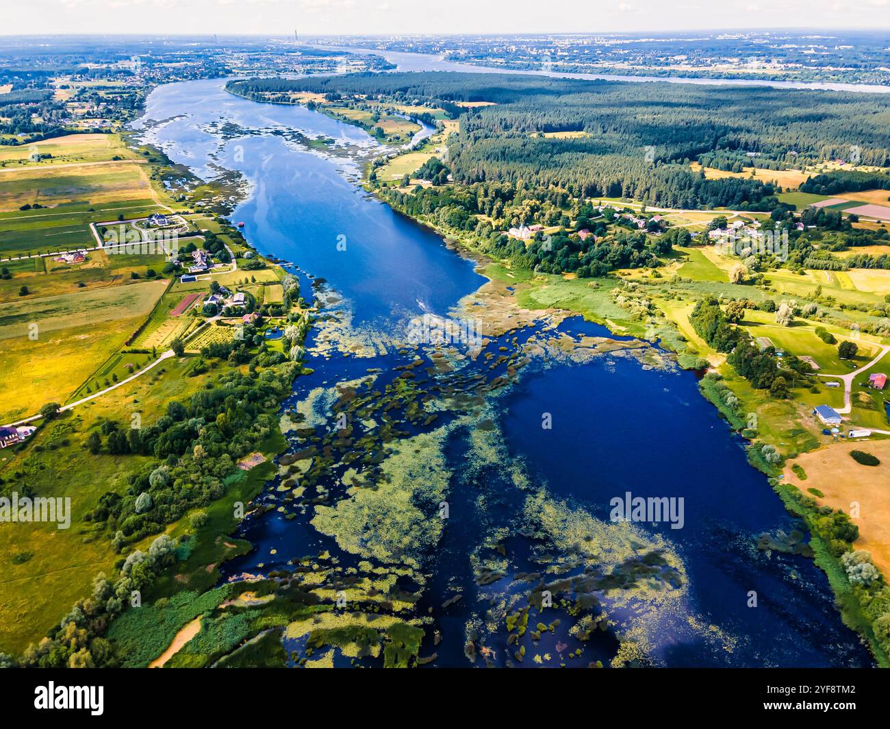 Vista aerea del fiume Daugava in Lettonia nel verde estivo Foto Stock