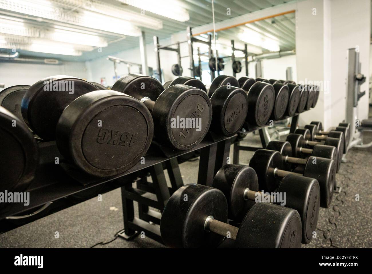 Nero set di manubri. Chiudere molti pesi di metallo sulla cremagliera in sport centro fitness , Peso attrezzature di formazione del concetto. Foto Stock