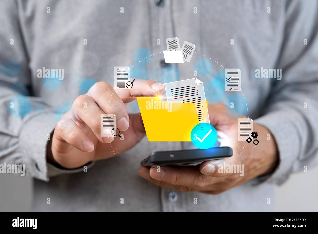 Concetto del sistema di gestione dei documenti, sistema software per la gestione di documenti, informazioni, organizzazione. memorizza, ricerca, condivide, controlla l'accesso ai dati, Foto Stock