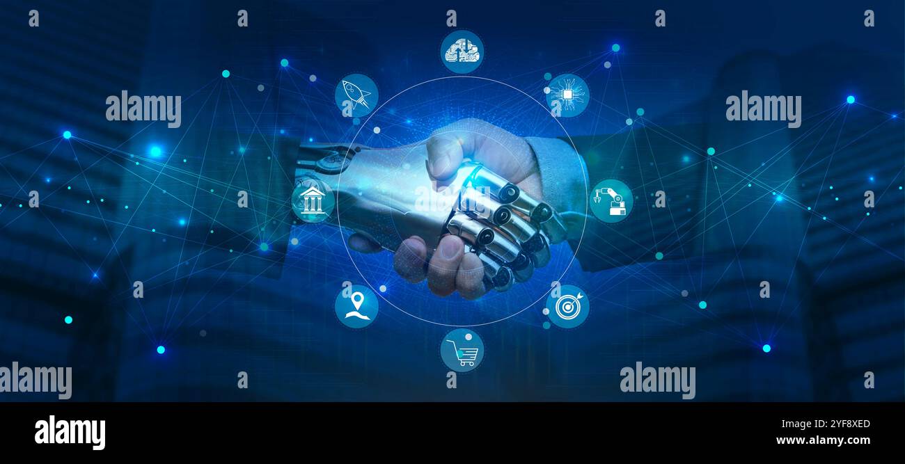 Stretta di mano tra robot e umani, intelligenza artificiale, apprendimento automatico, adozione dell'intelligenza artificiale per lavorare con Assistant of Business, trasformazione digitale dei dati, scienza e arte Foto Stock