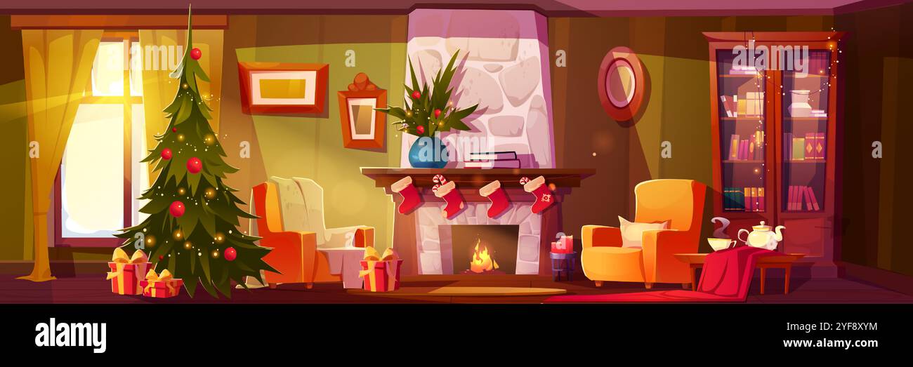 Soggiorno festivo con albero di Natale decorato e regali avvolti. I calzini rossi sono appesi sopra il caminetto in fiamme. Comode poltrone, libreria illuminata, servizio tè sul tavolo. Luce solare attraverso la finestra. Illustrazione Vettoriale