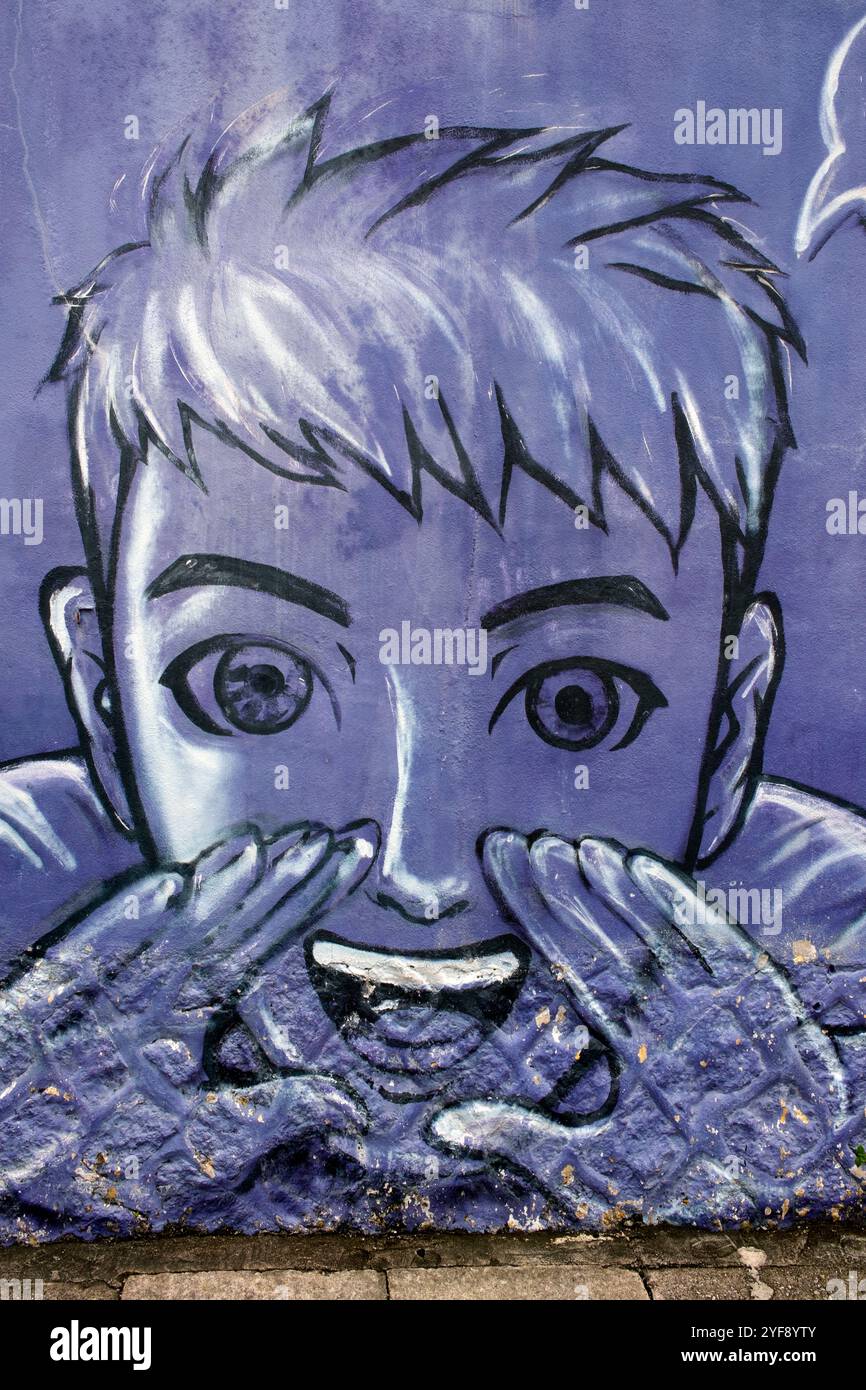 Malesia: 'Teach You Hokkien', dal Wall Art Team, Lorong Soo Hong (Soo Hong Lane), Georgetown, Pulau Penang (Penang Island). Il Wall Art Team è un gruppo di artisti di Penang specializzati in murales e pavimenti. Foto Stock