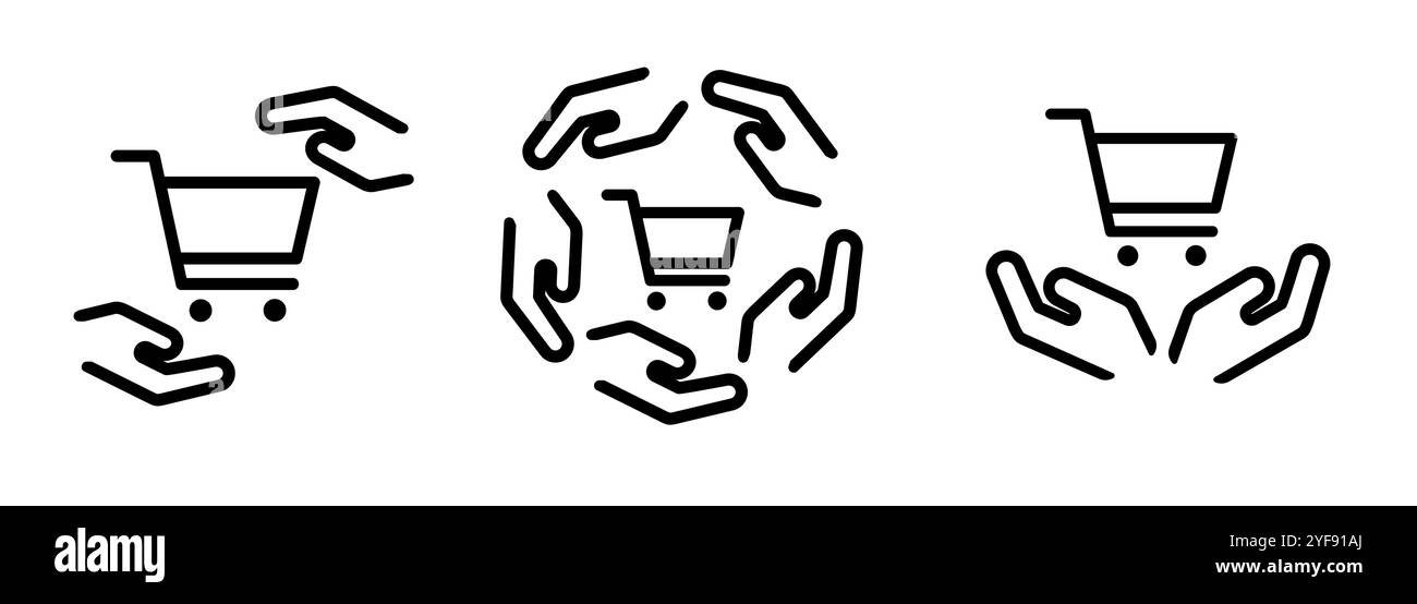 carrello con le mani protezione maneggevolezza prendi attenzione set di icone logo collection line stroke design simbolo di protezione e garanzia delle transazioni Illustrazione Vettoriale