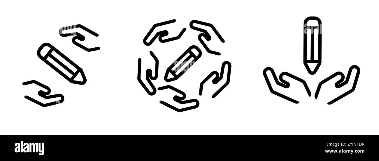 Mano pam intorno alla penna a matita logo insieme di icone linea linea disegno tratto simbolo della fondazione della comunità universitaria della scuola di istruzione academy Illustrazione Vettoriale