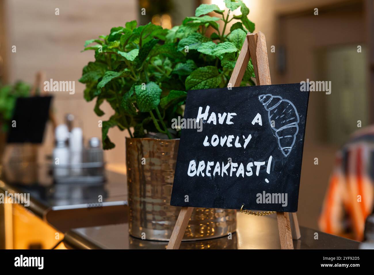 Invitante colazione a buffet con erbe fresche che invitano gli ospiti a gustare i pasti in hotel Foto Stock