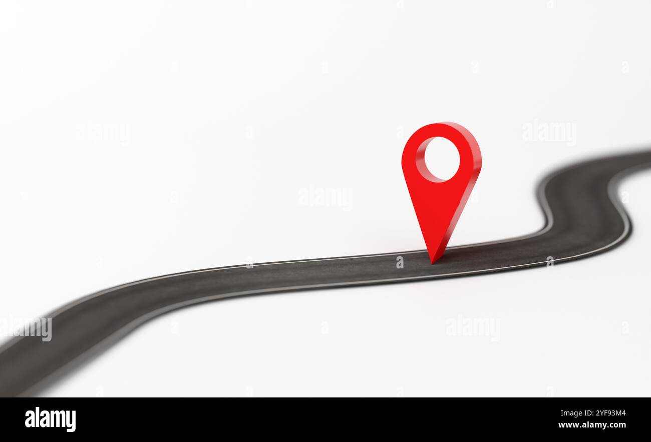Spilla rossa che si trova su una strada tortuosa, simboleggia la navigazione, la destinazione e il viaggio. Rendering 3D. Foto Stock