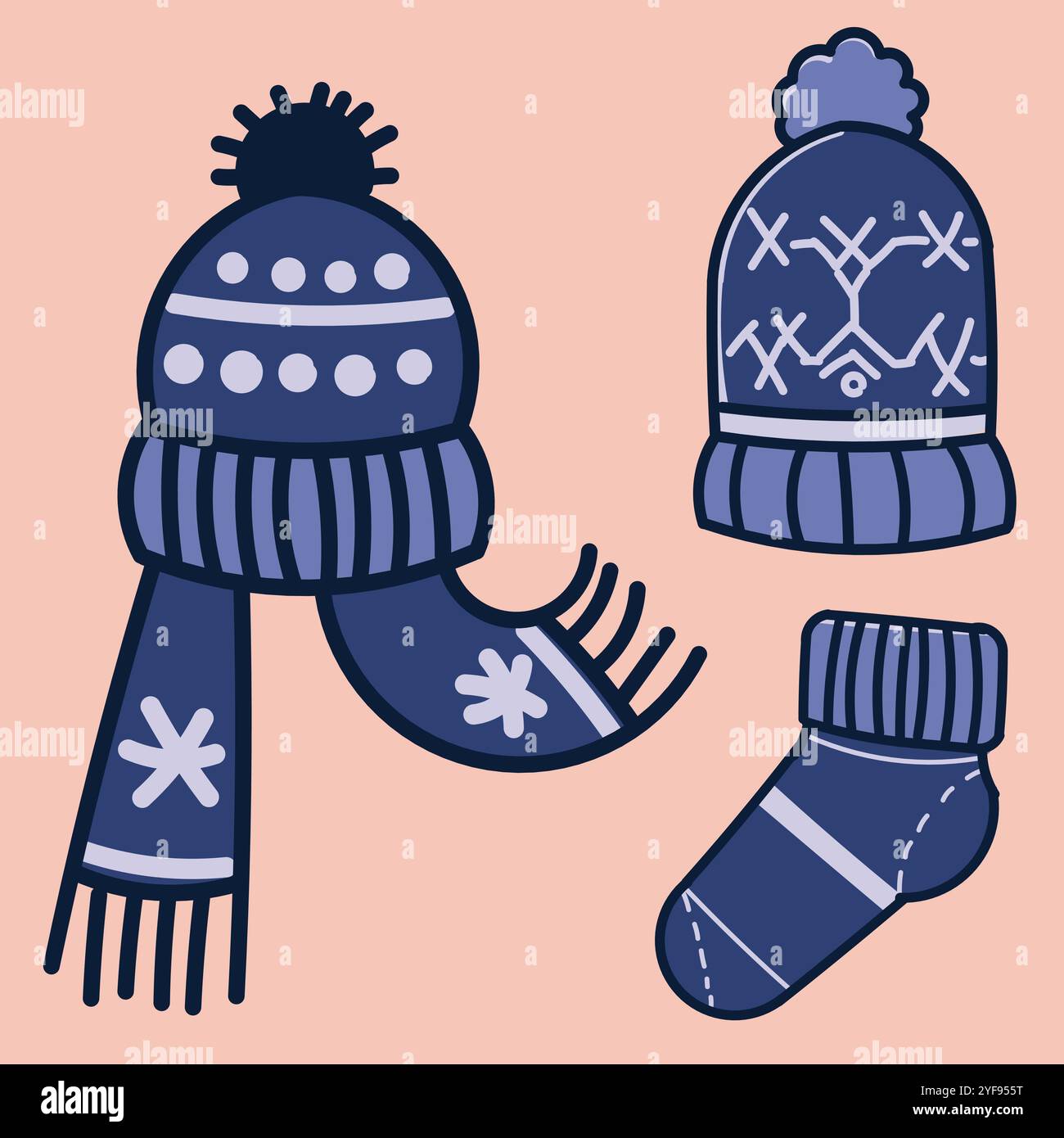 Cappello, sciarpa e calzino blu raffigurati in stile cartoni animati. Un cappello con un pompon sulla testa e una sciarpa di colore blu con fiocchi di neve bianchi Illustrazione Vettoriale