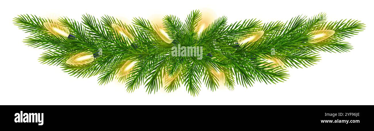 Rami realistici di abeti con decorazioni scintillanti di luci natalizie. Decorazioni vettoriali natalizie per feste di carnevale e festività di Capodanno Illustrazione Vettoriale
