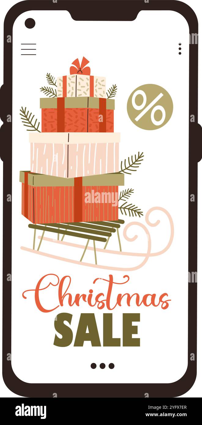Saldi di Natale. Shopping online su smartphone. Slitta per Capodanno con scatole regalo sullo schermo del telefono. Illustrazione vettoriale. Negozio virtuale per le festività. Illustrazione Vettoriale