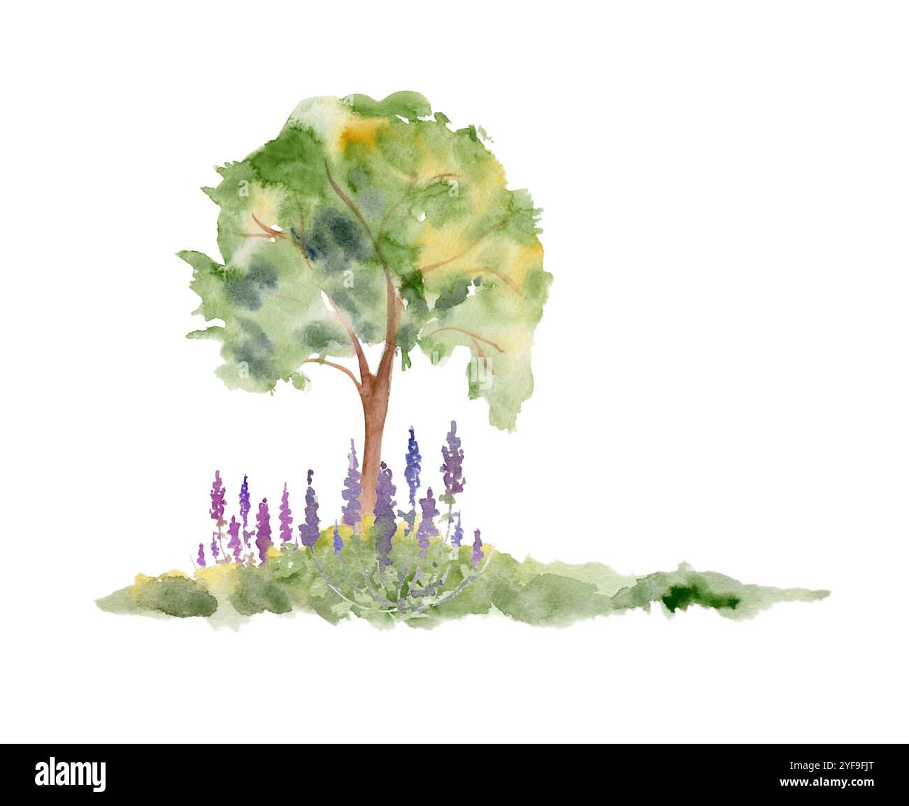 Paesaggio di lussureggianti alberi verdi, colline di prati della foresta settentrionale, cespugli di fiori viola, acquerello disegnato a mano. Illustrazione per il turismo Foto Stock