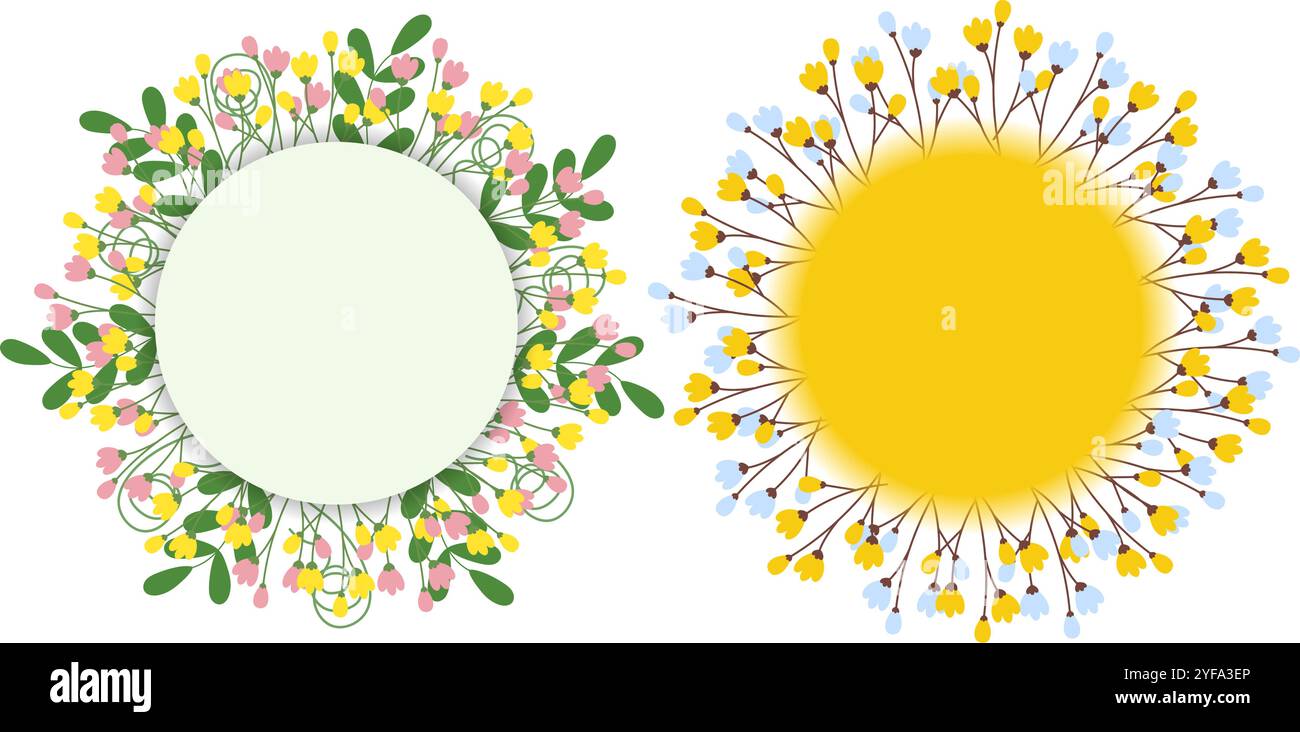 Foglie verdi, ramoscelli in fiore e fiori cornici circolari da 2. Spazio copia modello saluto primavera. Lettere per illustrazioni vettoriali isolate o copertina per biglietti, volantini, banner, inviti o promozioni Web Illustrazione Vettoriale
