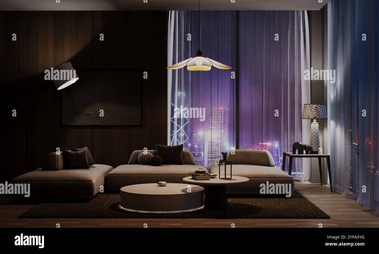 Ambiente elegante e moderno del salotto illuminato da una luce blu, perfetto per creare atmosfere contemporanee e futuristiche nel design degli interni pr Foto Stock