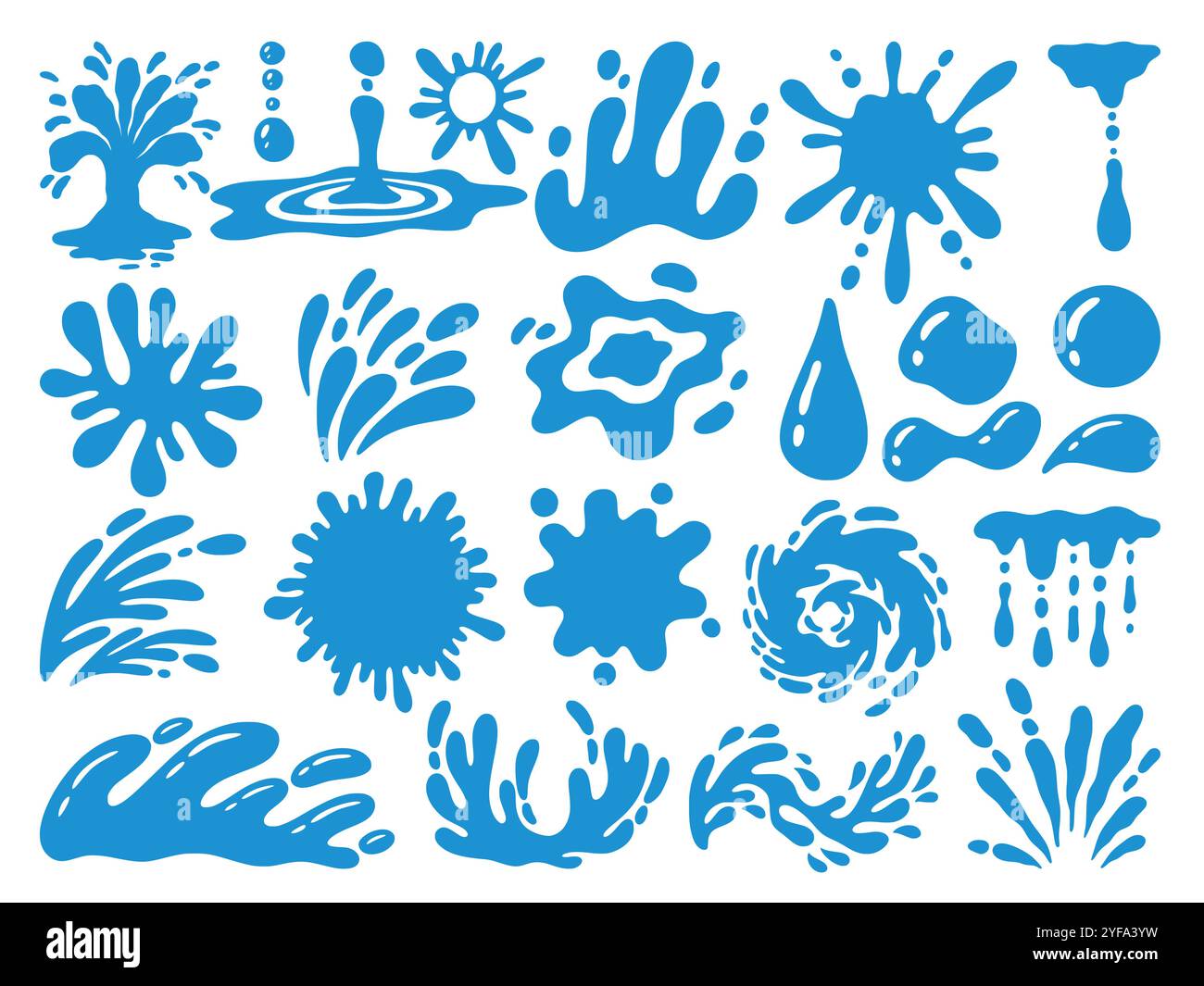 Spruzzi d'acqua. Goccia, gocciolamento liquido blu o gocciolamento, gocciolamento pioggia o lacerazione. Spray blu trasparente con bolle d'aria. Simbolo del mare e dell'oceano. V Illustrazione Vettoriale