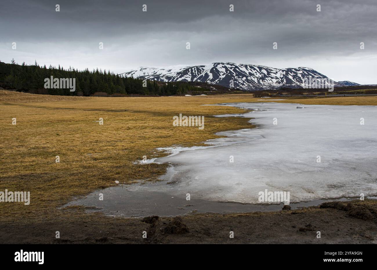 Tipico islandese drammatico paesaggio con lago ghiacciato e montagne coperte di neve in Islanda Foto Stock