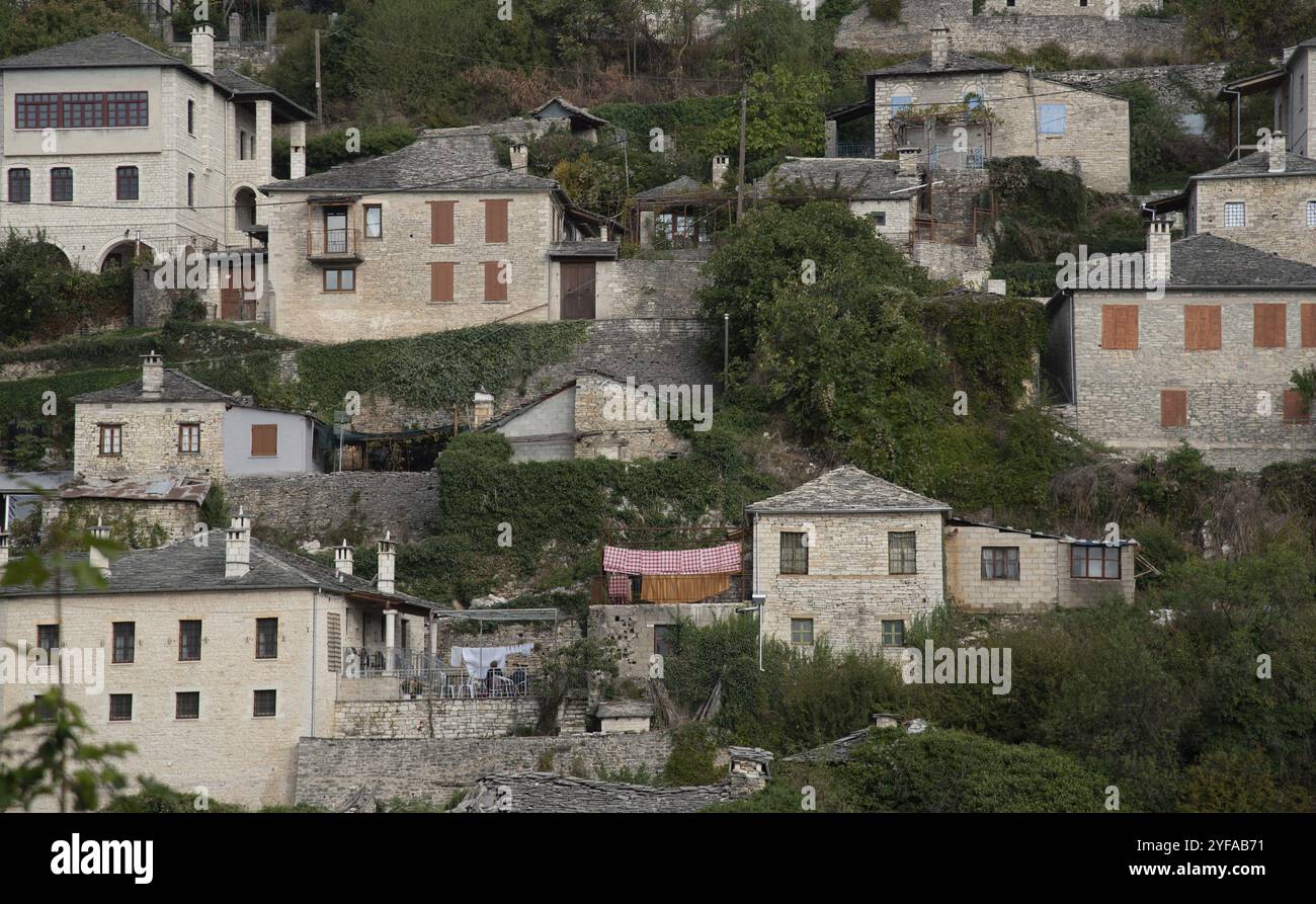 Case in pietra nel villaggio tradizionale di Vitsa nel centro di Zagori, regione dell'Epiro, Grecia Europa Foto Stock