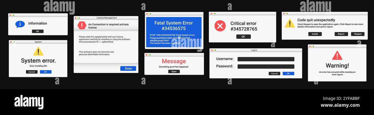 Serie di messaggi di errore nella finestra in stile moderno. Finestra a comparsa di notifica di avviso. Illustrazione Vettoriale