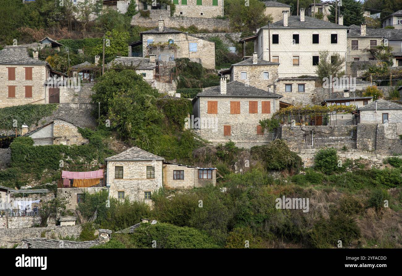 Case in pietra nel villaggio tradizionale di Vitsa nel centro di Zagori, regione dell'Epiro, Grecia Europa Foto Stock