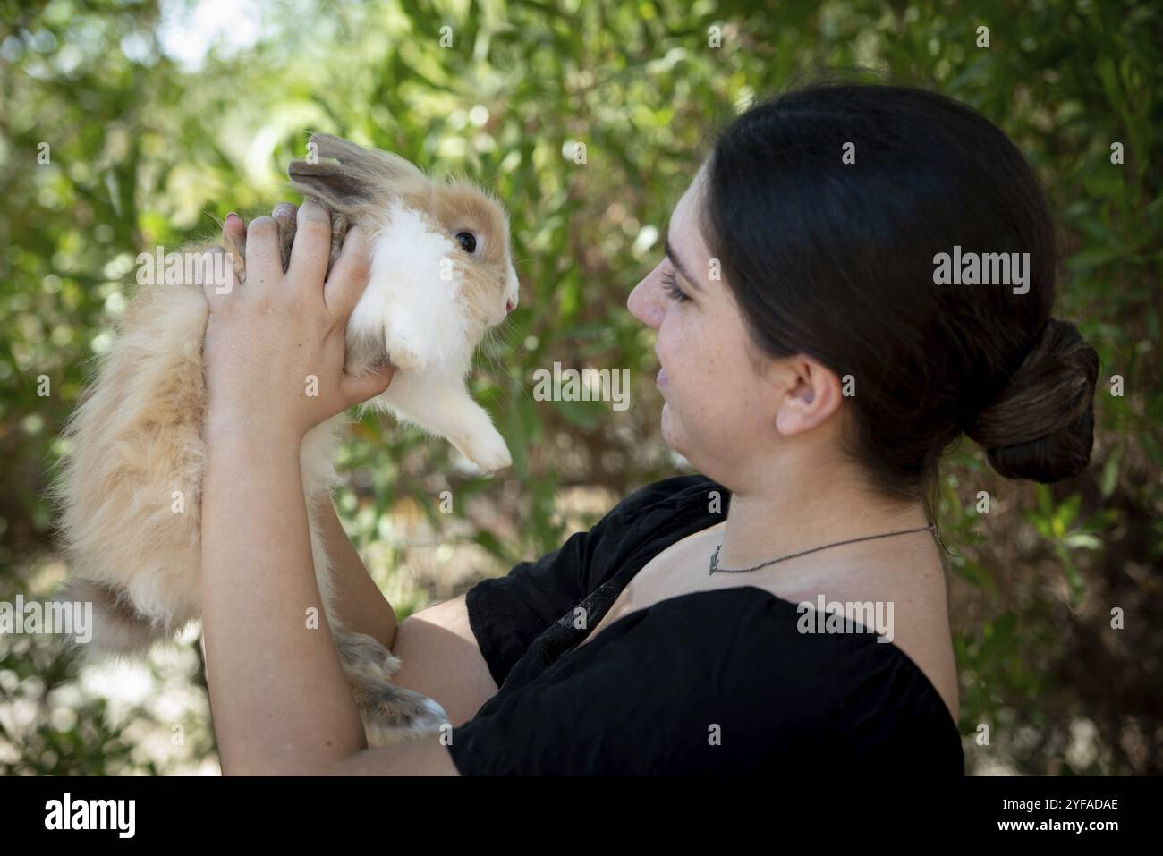 Giovane donna attraente che tiene un animale domestico di coniglio nero. Cura degli animali domestici Foto Stock