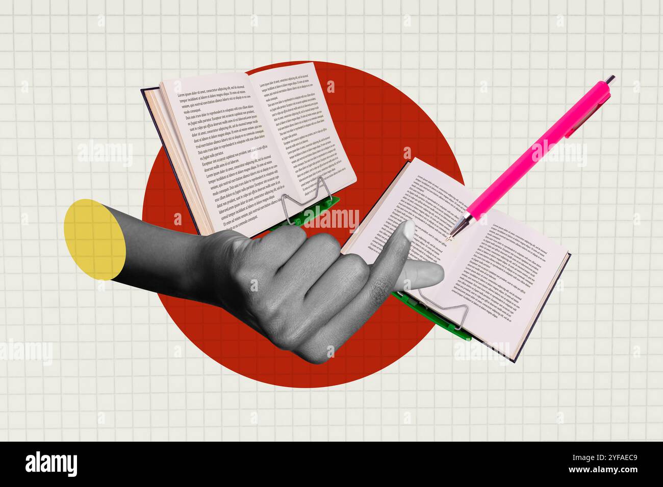 Grafica di tendenza composita schizzo immagine collage di mano polso spettacolo gesto cuore coreano pagina libro aperto lettura studio storia d'amore romanzo penna scrittura Foto Stock