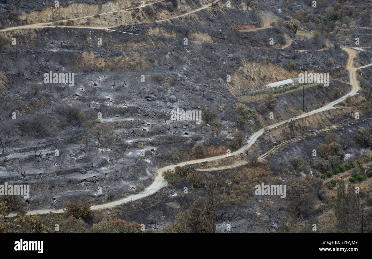 Fuoco di montagna con terra di agricoltura bruciata e foresta. Odou villaggio Cipro. Disastro dell'ambiente Foto Stock