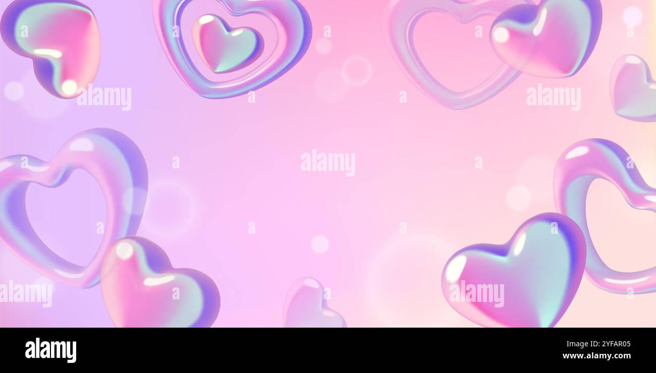 Sfondo cuore gradiente Y2K con forme d'amore astratte olografiche 3d ed effetto bokeh Illustrazione Vettoriale
