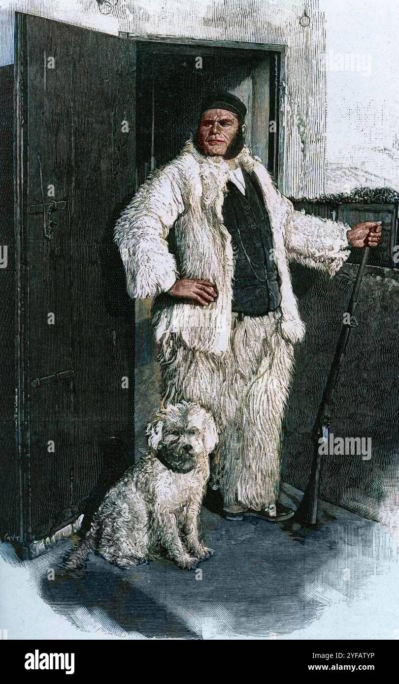 Un esattore delle tasse nella sua tuta invernale - territorio di Sciacca (Sicilia) - incisione 1894 - gli inizi della mafia (cosa nostra) in Sicilia: Ritratto di un "gabelloto" (o gabellotto o gabellotti o esattore delle tasse), questi sono i gestori delle proprietà dei grandi proprietari terrieri della nobiltà siciliana nel XIX secolo. Subaffittò la terra dal proprietario ricevendo una commissione. Sta indossando la tuta invernale. Territorio di Sciacca nei pressi di Agrigento. Incisione del XIX secolo Foto Stock
