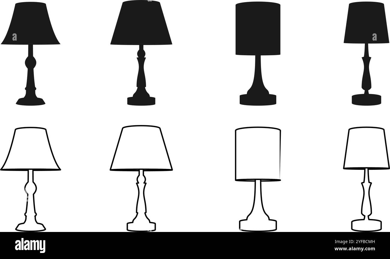 illustrazione vettoriale del set di icone della lampada da tavolo isolata su sfondo bianco. Illustrazione Vettoriale