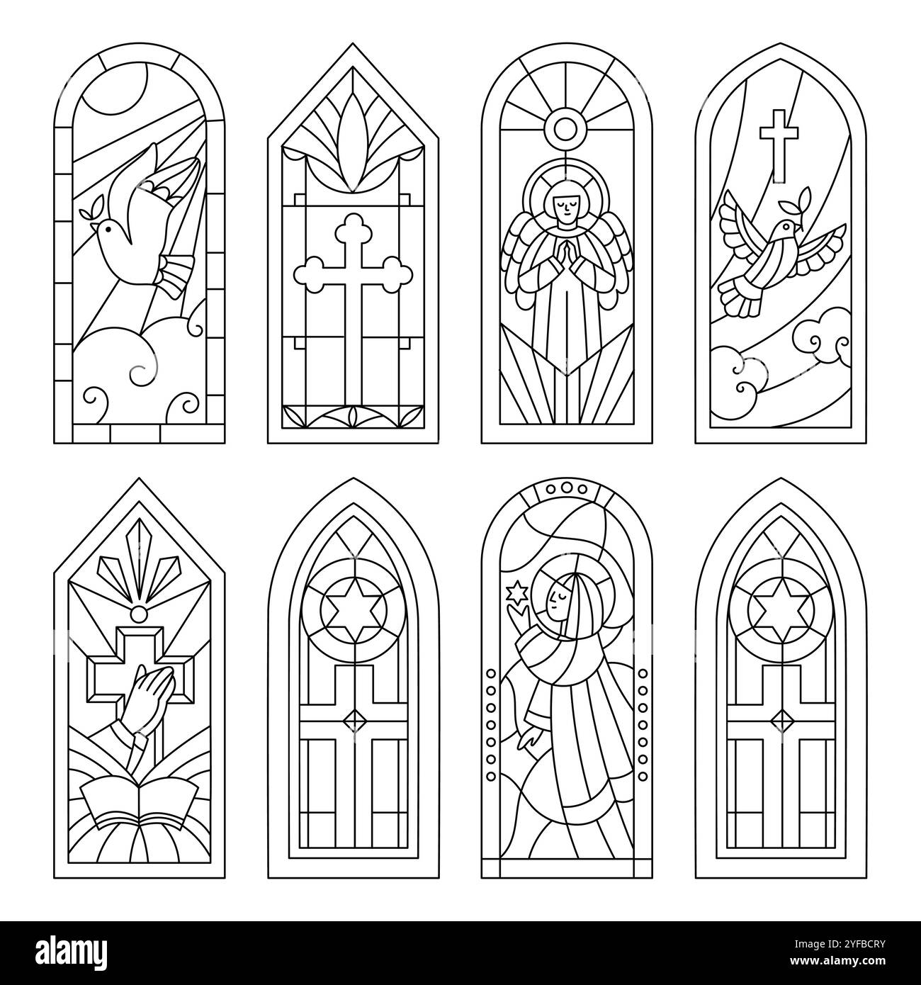 Profili in vetro colorato. Finestre ad arco. Elementi di edifici religiosi. Mosaico storia biblica. Frame cristiani. Cappella ortodossa. Cristianesimo Illustrazione Vettoriale