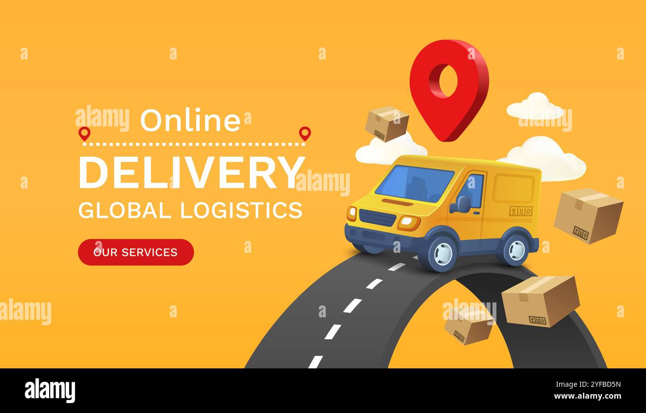 Online Delivery logistica globale su dispositivi mobili, consegna all'interno della città. Vettore Illustrazione Vettoriale