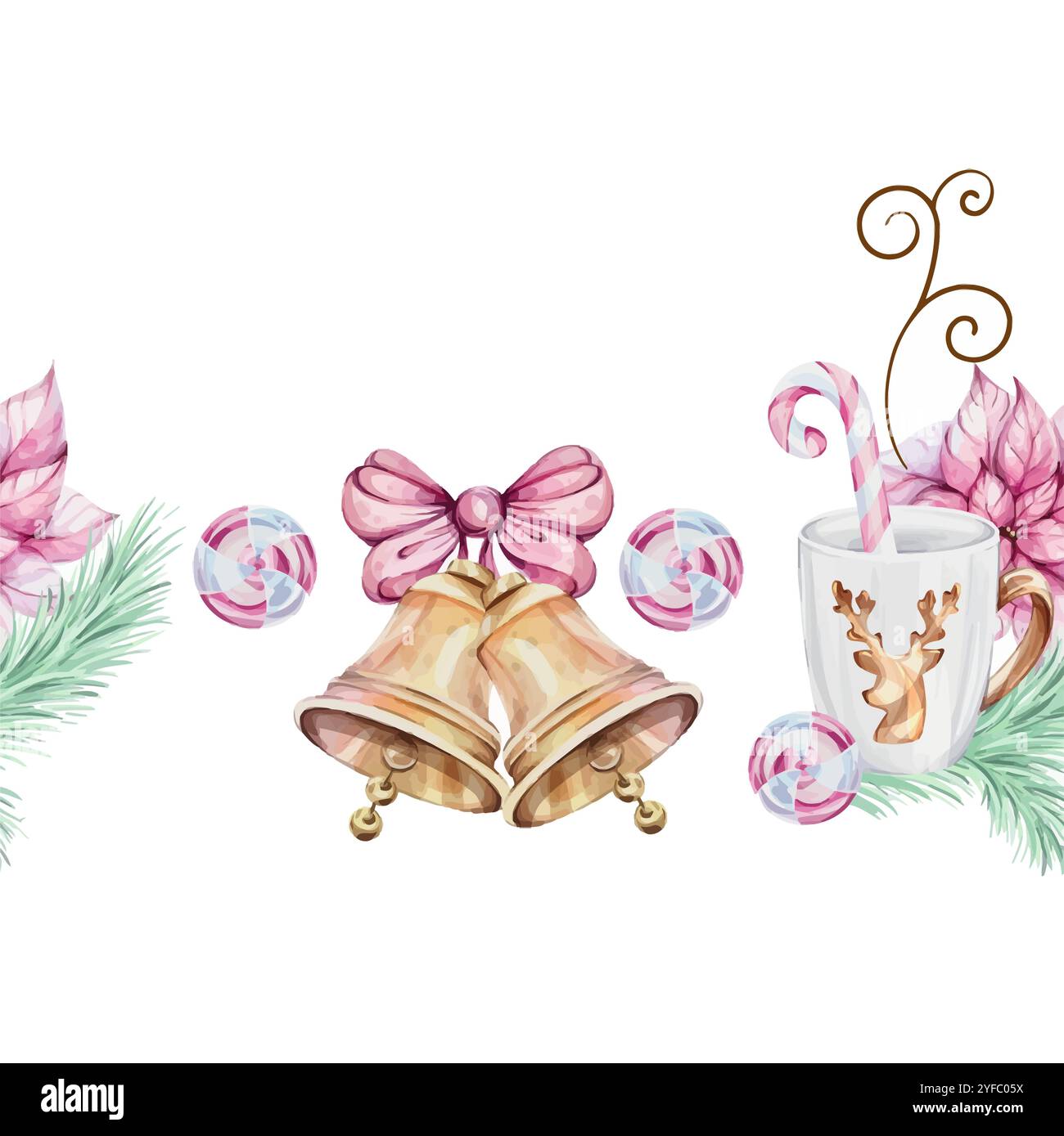 Bordo senza cuciture in acquerello - campanella dorata con fiocco di natale. Tazza bianca con renna dorata con fiocco di neve traforato. Canna di caramelle, candela Illustrazione Vettoriale