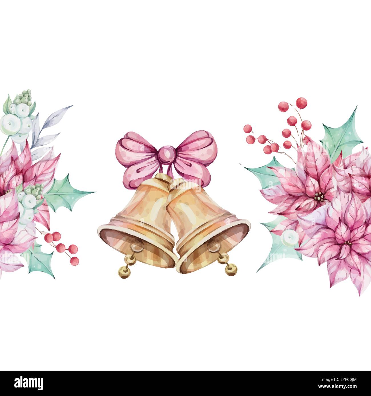 Acquerello natalizio bordo senza cuciture - bouquet di fiori di punta rossa, composizioni con foglie verdi di agrifoglio e mignolo, bacche rosse. Jingle dorato Illustrazione Vettoriale