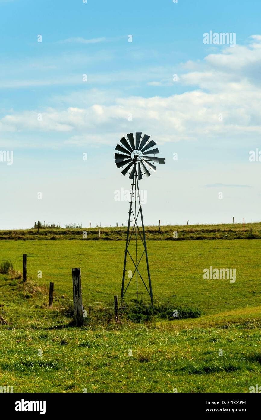 Un mulino a vento si erge alto in un campo verde sotto un cielo blu brillante. Auvergne. Francia Foto Stock
