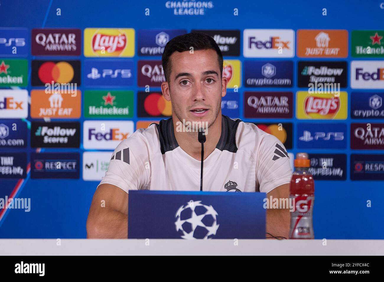 Madrid, Spagna. 4 novembre 2024. Lucas Vazquez del Real Madrid CF partecipa a una conferenza stampa alla vigilia della partita di calcio della settimana 4 della UEFA Champions League 2024/2025 tra il Real Madrid CF e l'AC Milan al Ciudad Real Madrid. (Foto di Federico Titone/SOPA Images/Sipa USA) credito: SIPA USA/Alamy Live News Foto Stock