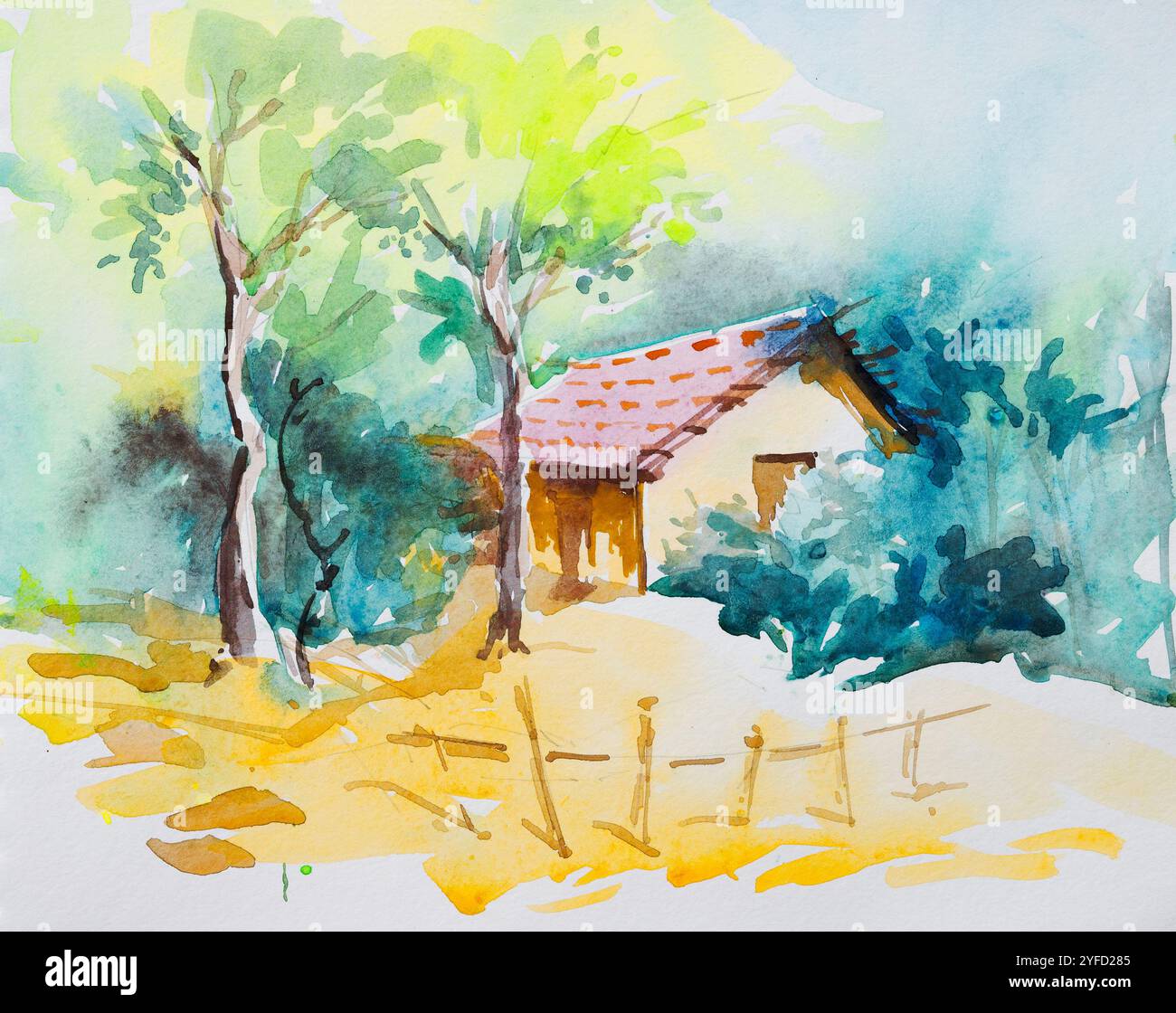 Bel panorama di casa del villaggio e alberi con vegetazione verde. Arte ad acquerello dipinta a mano creata con vernice ad acquerello e pennelli. Villaggio indiano. Foto Stock