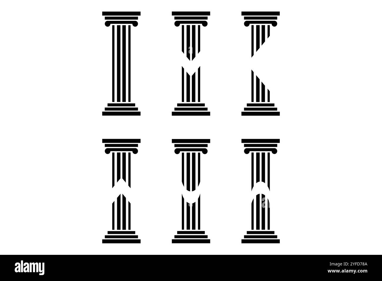 Colonne greche dei cartoni animati. Cartoni antichi colonne, ornamenti dorici, ionici e corinzi, decorazioni antiche colonnate, illustrazione vettoriale piatta Illustrazione Vettoriale
