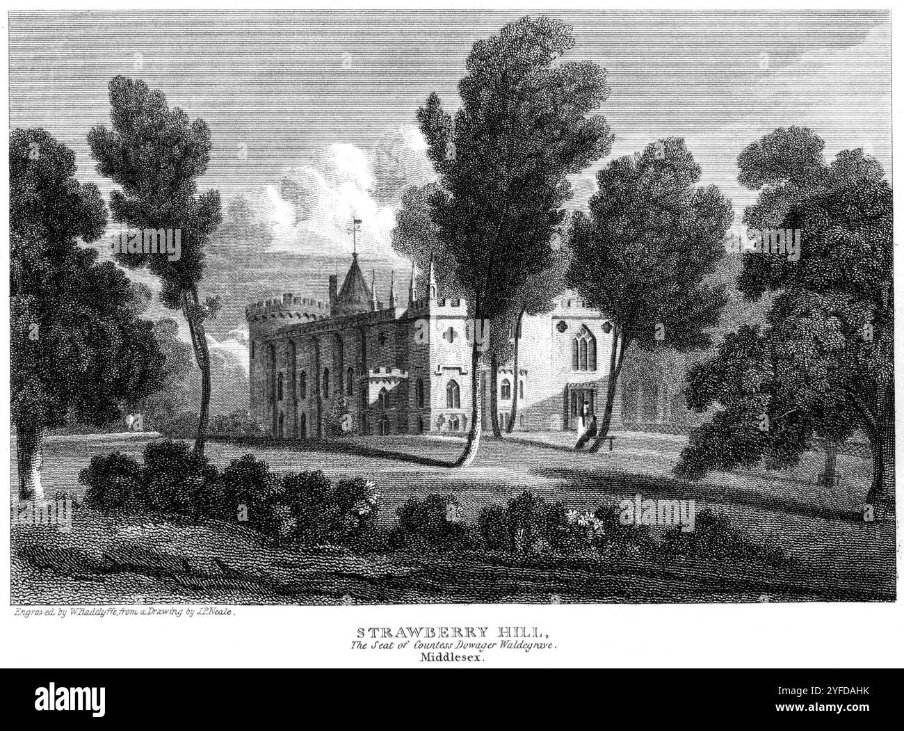 Un'incisione di Strawberry Hill, The Seat of Countess Dowager Waldegrave, Middlesex, Inghilterra Regno Unito scansionata ad alta risoluzione da un libro di circa 1815. Foto Stock