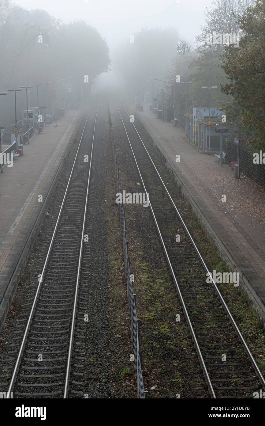 Binari ferroviari deserti che svaniscono nella fitta nebbia in una nebbiosa mattina autunnale, creando un'atmosfera misteriosa e suggestiva Foto Stock