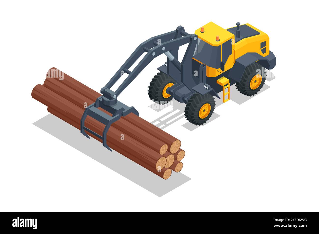 Caricatore log isometrico. Attrezzatura di carico per la registrazione. Caricatore di tronchi per legname, tronchi. Il caricatore di log sposta una pila di tronchi di pino. Industria del legname Illustrazione Vettoriale