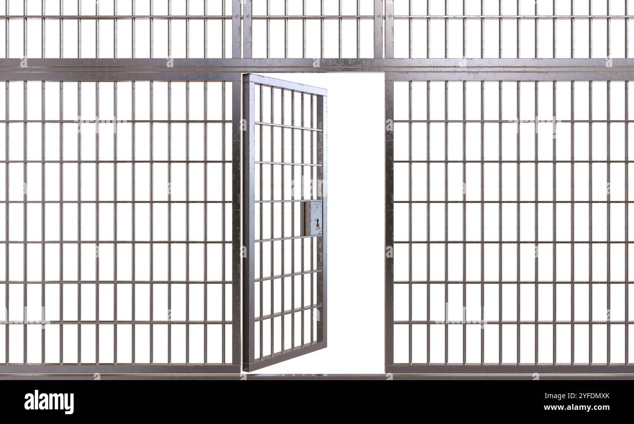Apri lo sportello della cella su uno sfondo trasparente 3d, a simboleggiare la libertà Foto Stock