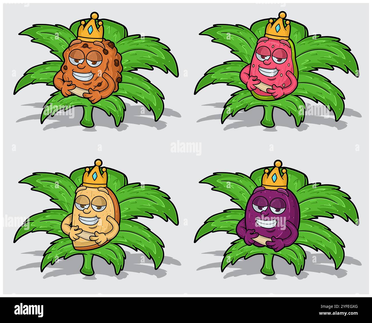 Personaggi cartoni animati di biscotti, Guava, biscotti e prugna con corona in foglia di erba. Per le attività di etichettatura, imballaggio, adesivi e prodotti. I vettori illustrano Illustrazione Vettoriale