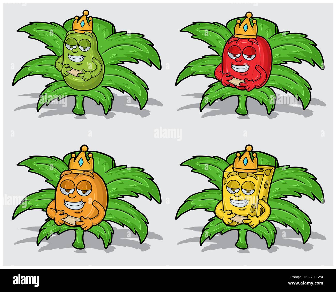 Personaggi dei cartoni animati di Papaya, Paprika, albicocca e formaggio con corona in foglia di erba. Per le attività di etichettatura, imballaggio, adesivi e prodotti. Illustrazione dei vettori Illustrazione Vettoriale