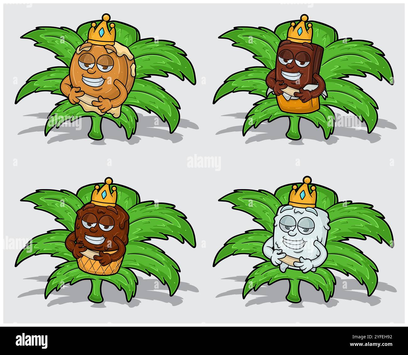 Personaggi dei cartoni animati di Pancake, cioccolato, gelato e Marshmallow con corona in foglia di erba. Per le attività di etichettatura, imballaggio, adesivi e prodotti. Vect Illustrazione Vettoriale