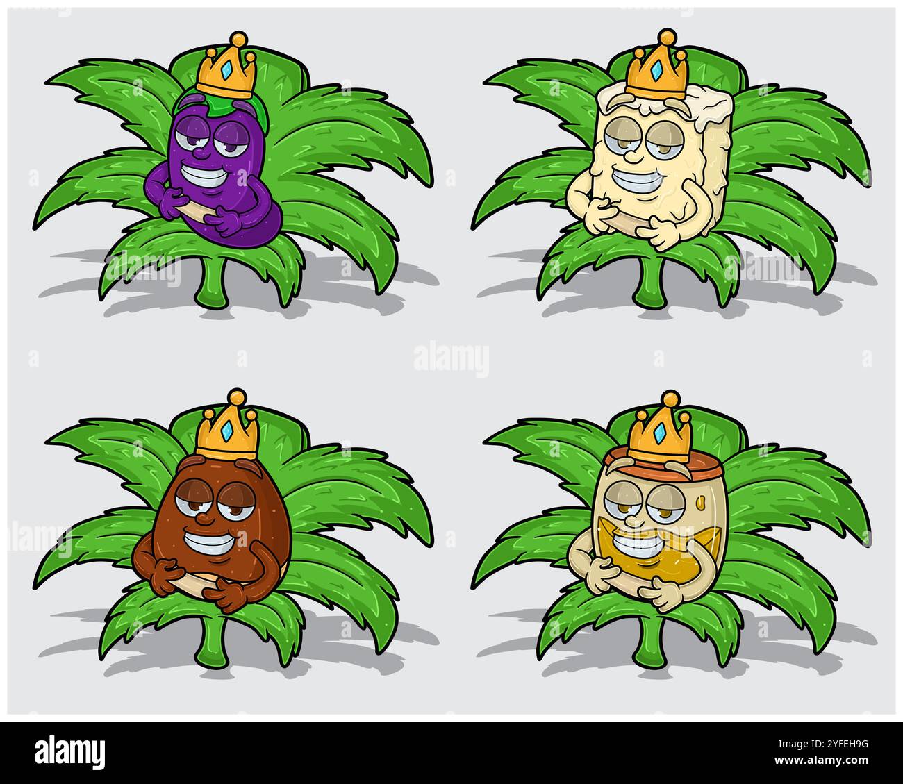 Personaggi dei cartoni animati di melanzane, margarina, castagno e miele con corona in foglia di erba. Per le attività di etichettatura, imballaggio, adesivi e prodotti. Il. Vettori Illustrazione Vettoriale