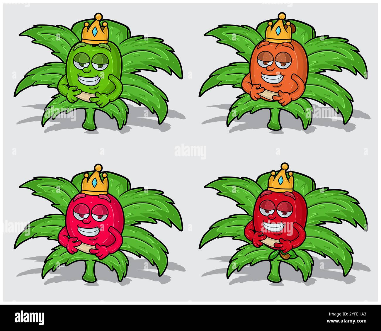 Personaggi dei cartoni animati di Mela Verde, pesca, mirtillo e melograno con corona in foglia di erba. Per le attività di etichettatura, imballaggio, adesivi e prodotti. Vect Illustrazione Vettoriale