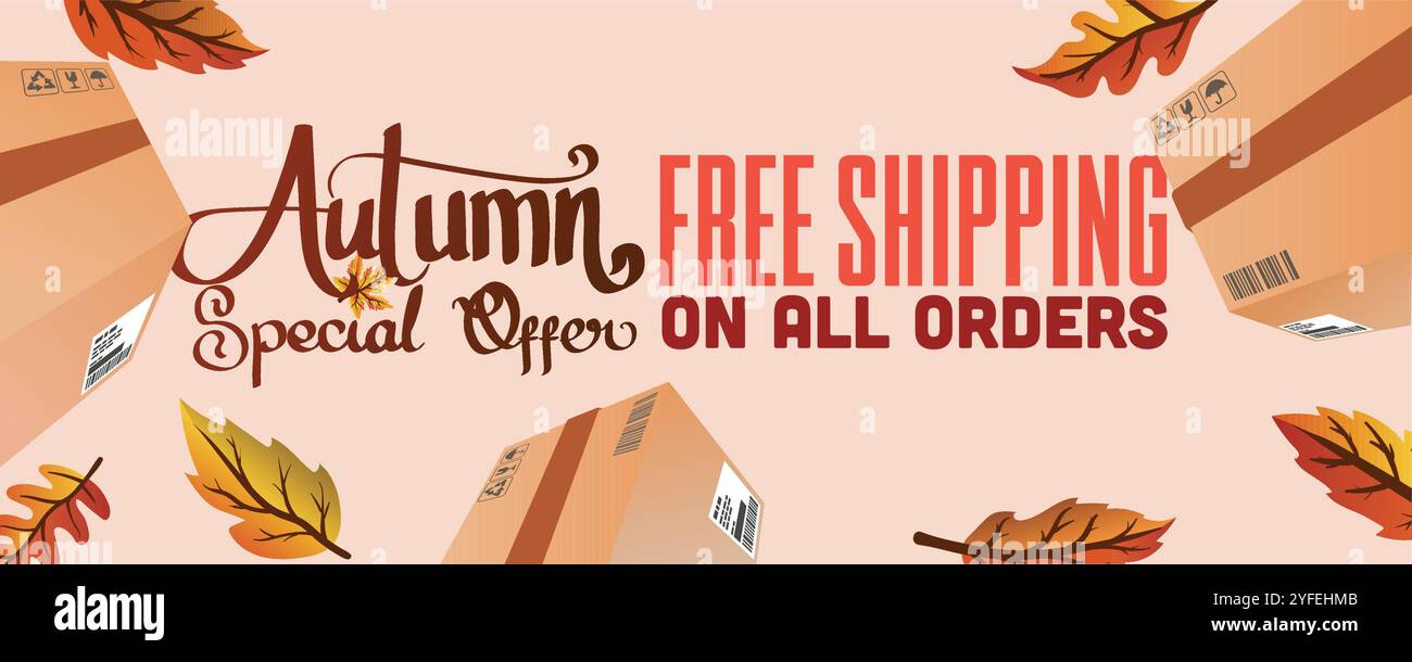 foglie autunnali e pacchetto di spedizione. offerta speciale autunnale spedizione gratuita su tutte le immagini vettoriali del modello di banner web degli ordini. Illustrazione Vettoriale