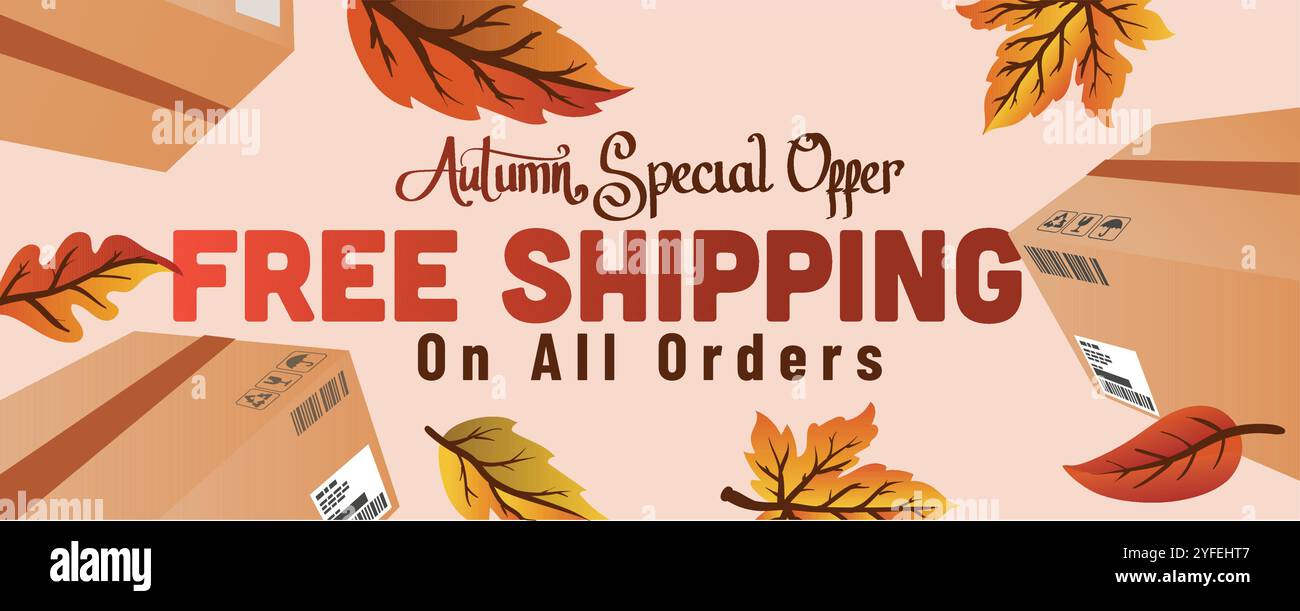 foglie autunnali e pacchetto di spedizione. offerta speciale autunnale spedizione gratuita su tutte le immagini vettoriali del modello di banner web degli ordini. Illustrazione Vettoriale
