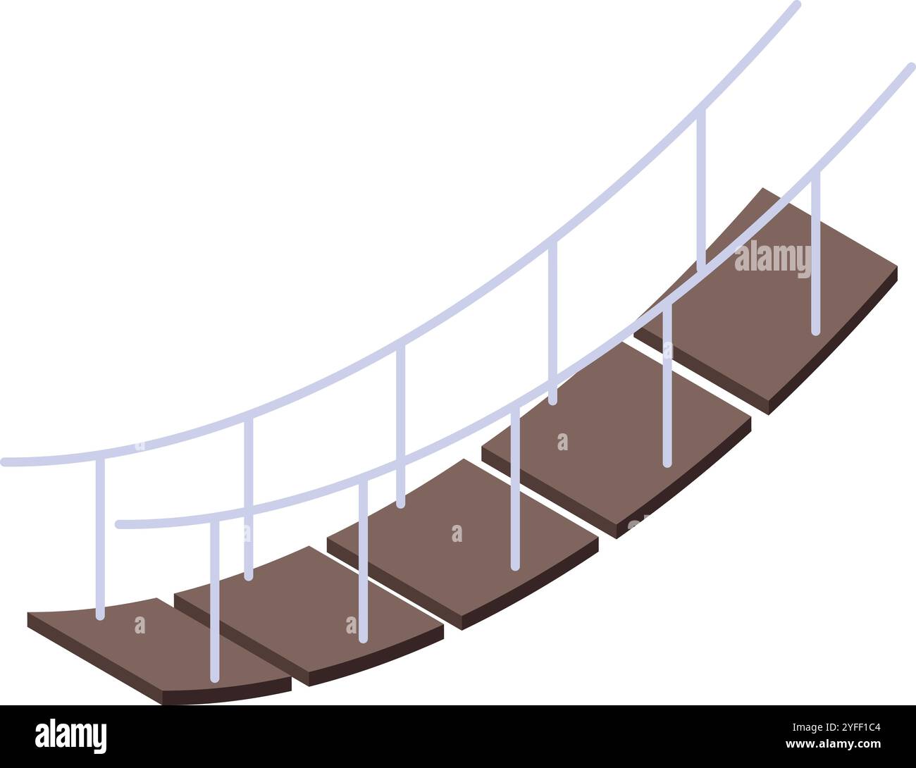 Semplice ponte sospeso in legno con ringhiera metallica che collega due lati, isolato su sfondo bianco, vista isometrica Illustrazione Vettoriale