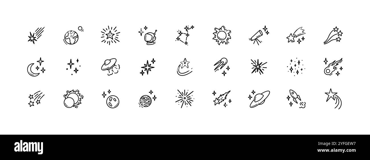 Set di icone di spazio per scarabocchi linea carina. Elementi di design cosmici semplici e lineari disegnati a mano. Razzo, sole, luna, pianeta, stelle cadenti illustrazioni di contorno. Illustrazione Vettoriale