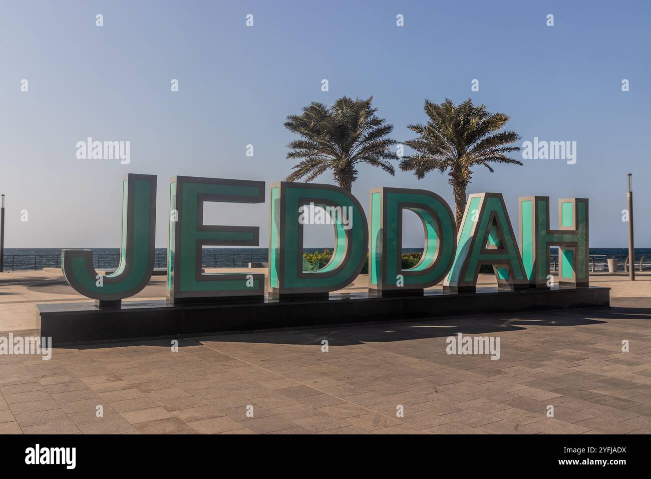 Scrivi JEDDAH sul lungomare di Corniche a Jeddah, Arabia Saudita Foto Stock