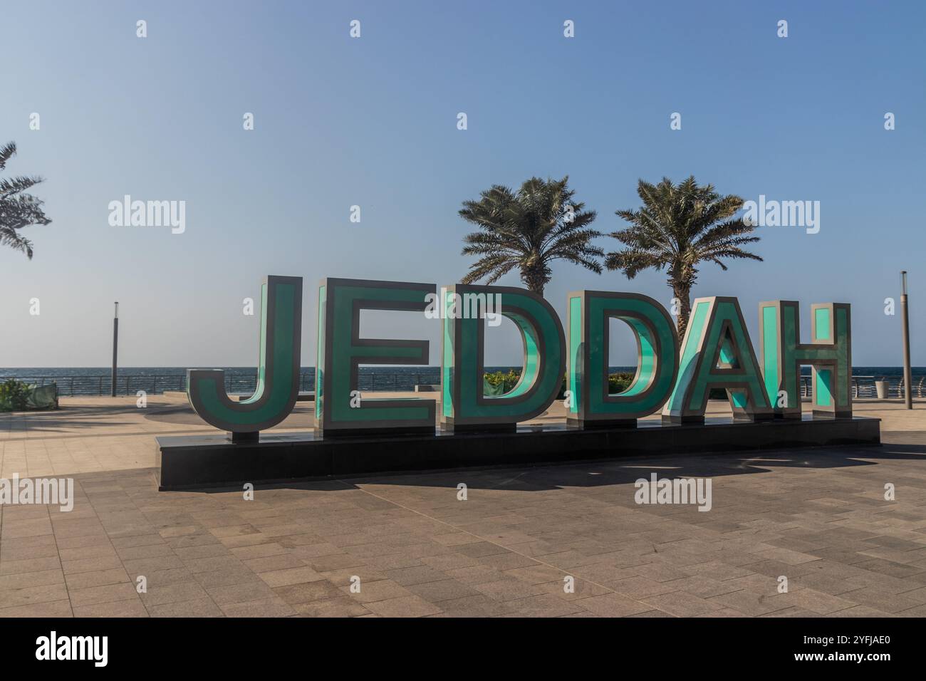 Scrivi JEDDAH sul lungomare di Corniche a Jeddah, Arabia Saudita Foto Stock
